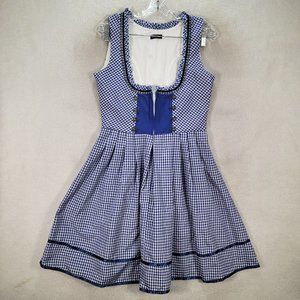 Blue Gingham Dirndl Oktoberfest Square Scoop Neck Stretch Costume Fit Flare